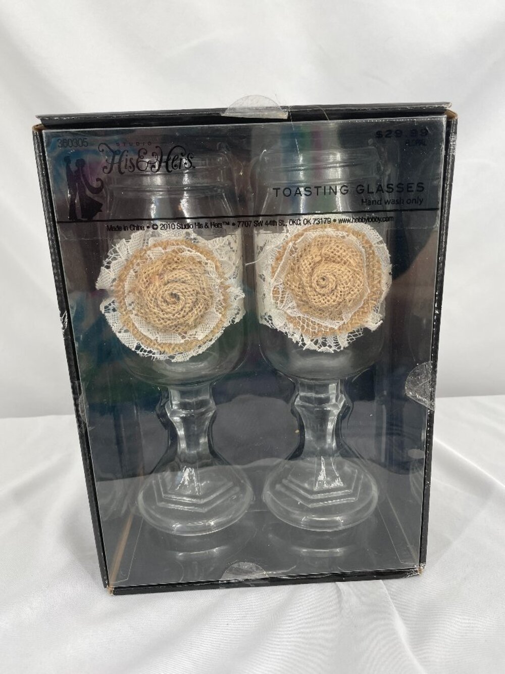 Studio His & Hers Toasting Glasses with Burlap Flowers
